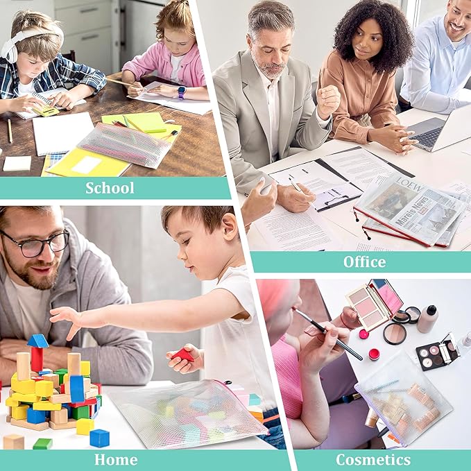 24pcs Mesh Bags With Zipper, A4 Zippered Pouch, Clear Pouches With Zipper, 8 Colors Mesh Zip Bags, Plastic Bags With Zipper, Letter Size Organization Pouches for Office, File, Toys, School