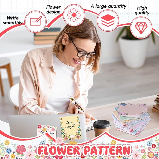 Sabary 9 Pads Sticky Notes 3.15 x 3.94 Inches Cute Self Sticky Note Pads Colored Adhesive Notepad for Memo Reminder Journal Studying Office Home Gift (Flower)