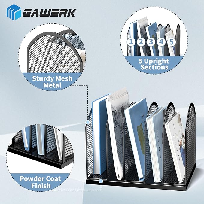 5-Section Vertical Desktop Organizer, 5-Section Mesh File Folder Stand Sorter for Office Home Classroom Organization