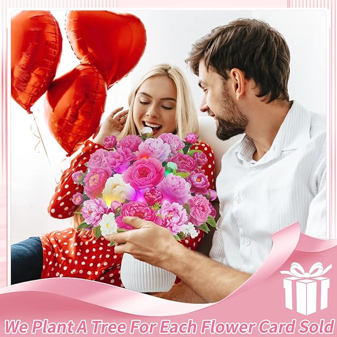Flower Bouquet Birthday Cards with MUSIC & LIGHTS, 3D Pop Up Greeting Cards, 12 Inch Life Sized Peony Flower Bouquet Mothers Day Cards for Mom Women Sister Daughter Grandma