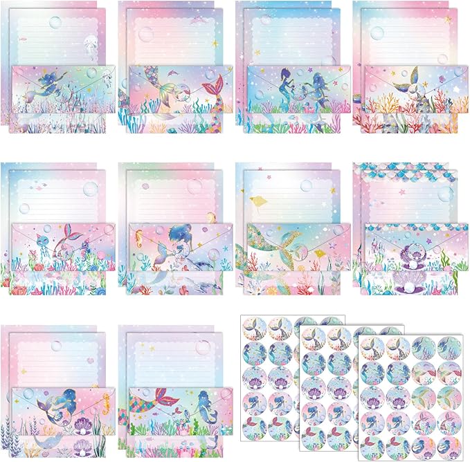 TaoBary 160 Packs Stationery Paper Set (50 Double Sided Stationery Writing Papers 50 Matching Envelopes) 60 Round Dot Sticker, 10 Design(Mermaid,8.5 x 11 Inch)