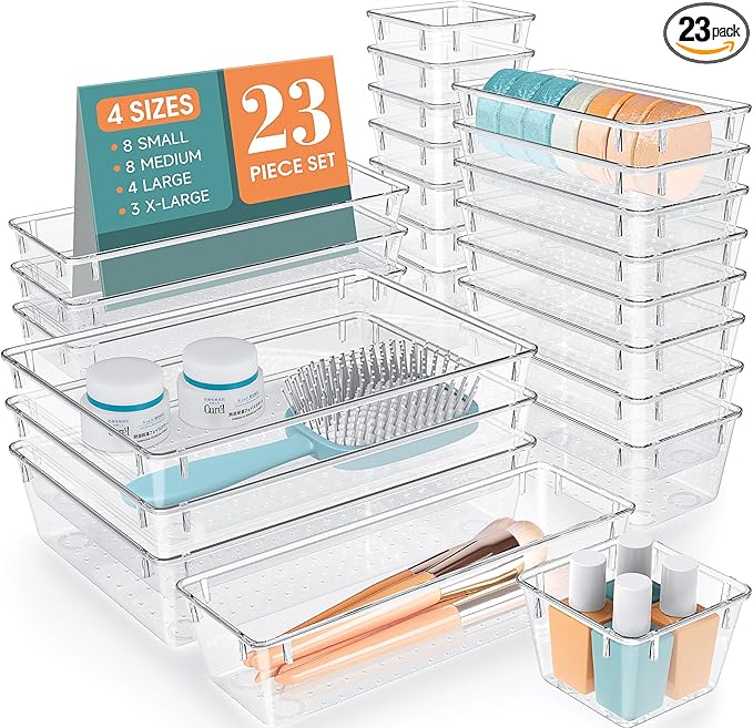 23 PCS Clear Plastic Drawer Organizers Set, 4 Size Desk Drawer Organizer Trays for Makeup, Jewelry, Kitchen Utensils, Gadgets and Office Accessories