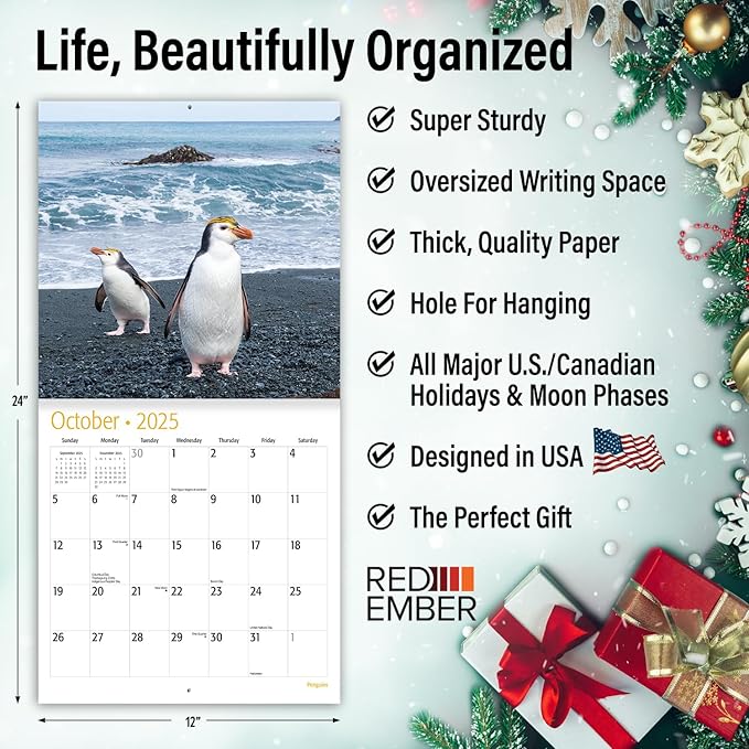 RED EMBER Penguins 2025 Wall Calendar 12 Month | 12" x 24" Open | Thick & Sturdy Paper | Giftable | Calendar 2025