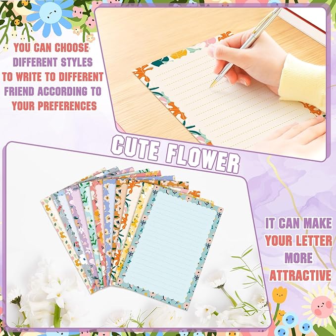 TaoBary 160 Packs Stationery Paper Set (50 Double Sided Stationery Writing Papers 50 Matching Envelopes) 60 Round Dot Sticker, 10 Design(Kawaii,5.5 x 8.25 Inch)