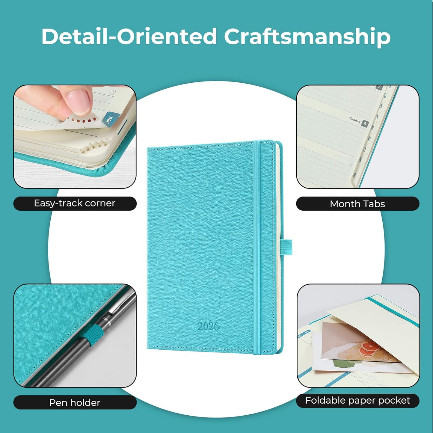 Weekly Monthly 2026 Planner (Jan.26-Dec.26),8.5"x6.5",12 Months Agenda Plan with Month Tabs & Pocket,Expenses/Note Pages, Appointment Book Calendar with Vegan Leather Cover,Light Blue