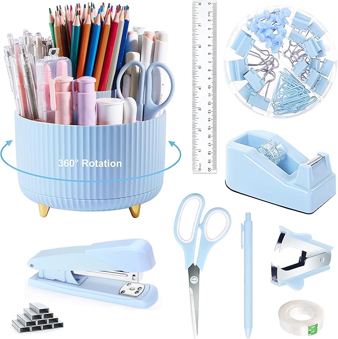 Blue Desk Accessories, Blue Office Supplies 360°Pen Holder Desk Organizers and Accessories with Tape Dispenser, Stapler, Staple Remover, 1000 Staples, Tape, Clips Set, Ruler, Scissor, Pen