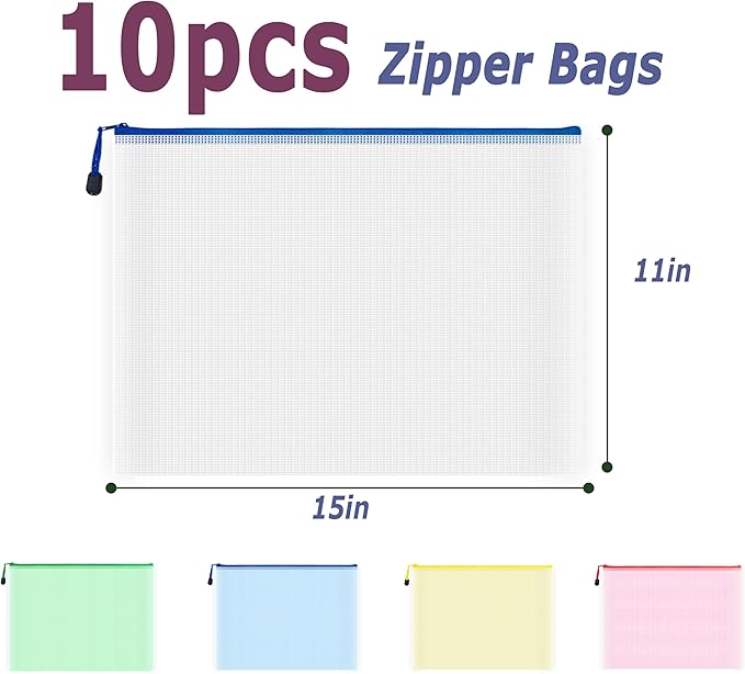 AUSTARK 10 Pcs Zipper File Bags, Waterproof Plastic Mesh Pouch for Office School, Board Game Storage Bags (B4 Size 15''x11'', Multicolored)