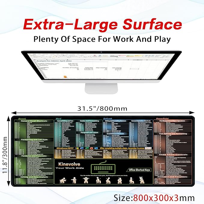 Excel/Word/Outlook/Windows/PowerPoint Shortcut Keys Mouse Pad, Shortcut Mat for Pc Office,Large XL Gaming Mousepad,Non-Slip Stitched Edge 31.5" x 11.8"