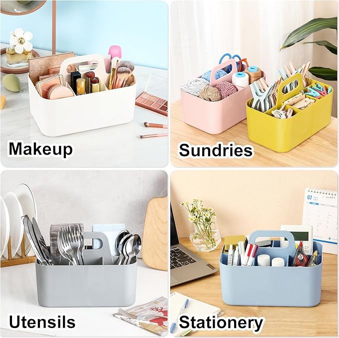 Multiuse Caddy Organizer with Handle - Stackable Plastic Tote Bin - Art Craft Supplies, Office, Desk, Stationery Pen Holder, Kitchen, Utensil, Makeup, Bathroom, Shower, Cleaning, Dorm Organizer -White