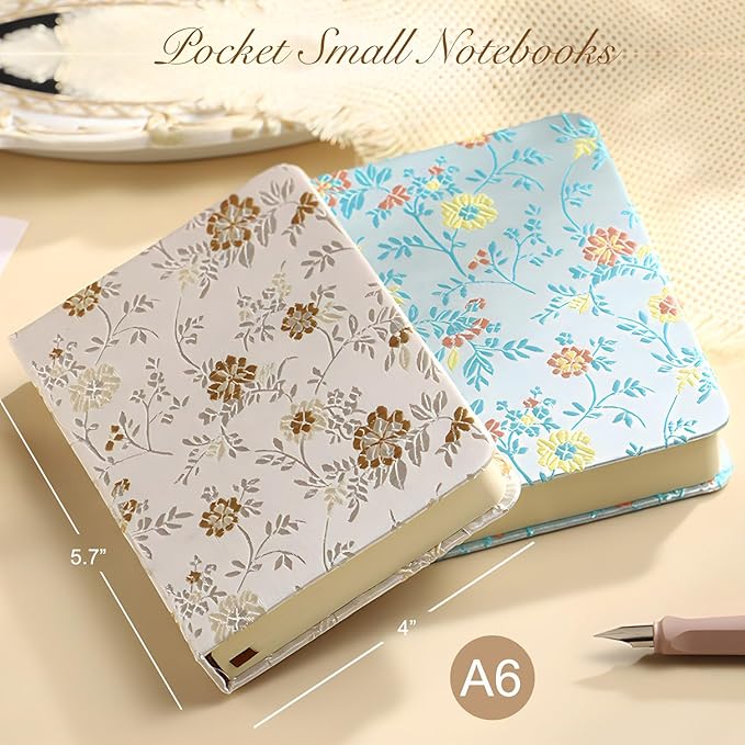 Pocket Notebook, A6, 4x6, Silk Cover, Hardcover, Lay Flat, Small Embroidered Journal, Cute Notebook, Lined Notebook & Sketchbook, Personal Writing Journal for Women, Beautiful Notebook, Beige