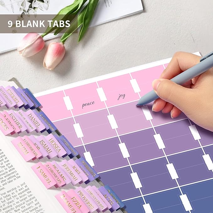 Bible Tabs for Women & Men, Laminated Bible Tabs for Study Bible, Large Print Bible Tabs for Easy Navigation, Bible Index Tabs, 66 Tabs Old & New Testament, Extra 9 Blank Tabs - Violet Ombre