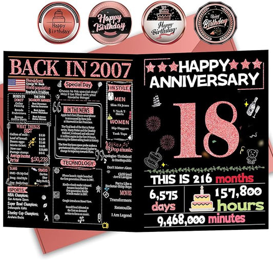 Joycard 18th Anniversary Card for Women, Wedding Card for Wife, Sweet Marriage Decorations Gifts for Couple, Perfect for Her on Anniversary Day, Back in 2007