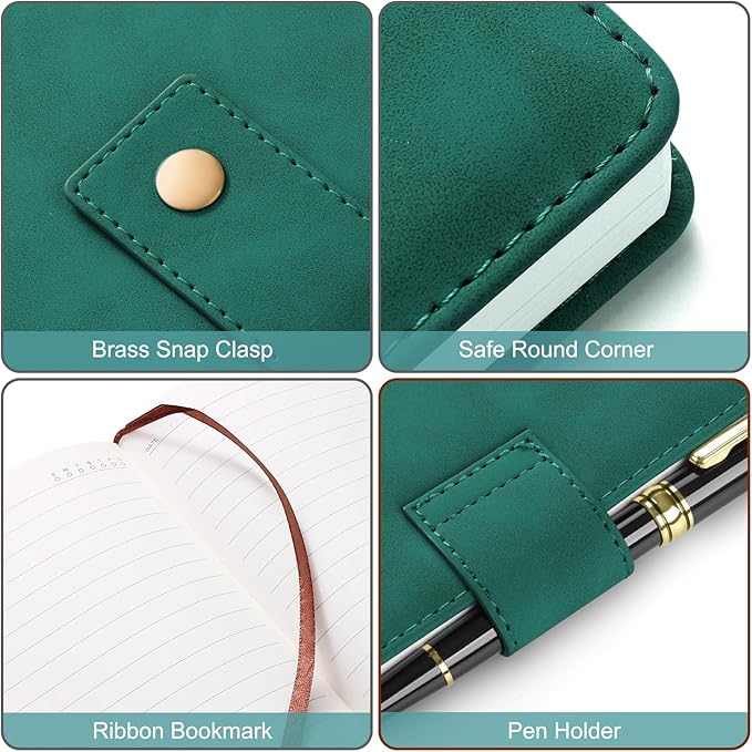 A5 Leather Journal Notebook with Pen, 200 Pages Hardcover Journal with Pocket, 100gsm Thick Lined Paper Daily Diary for Men and Women, Great Gift for Business School Travel Personal - Green