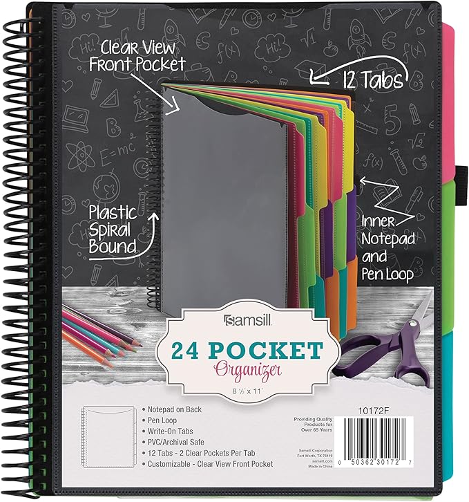 Samsill Deluxe 24 Pocket Spiral Project Organizer with Refillable Notepad Holder, Customizable Front Cover, 12 Dividers with Erasable Write-On Tabs in Fashion Colors, Plastic Folders with Pockets