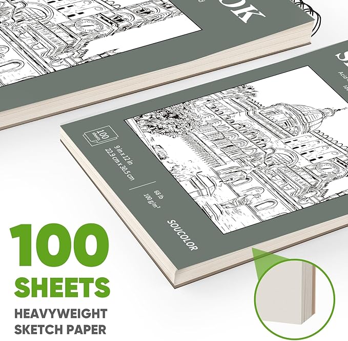 Soucolor 9" x 12" Sketch Book, Back to School Supplies, 1-Pack 100 Sheets Spiral Bound Art Sketchbook, Acid Free (68lb/100gsm) Artist Drawing Book Paper Painting Sketching Pad, College Essentials