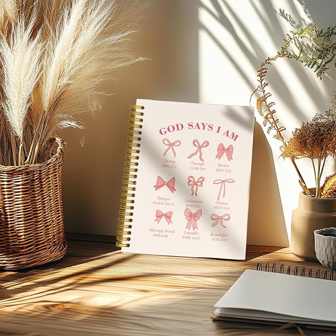 Coquette Pink Bows Spiral Bible Notebook, Christian Gifts for Women Girls, God Says I Am Christian Scripture Prayer Journal, Church Notes Notebook, Hardcover Notebooks College Ruled 5.5 x 8.3