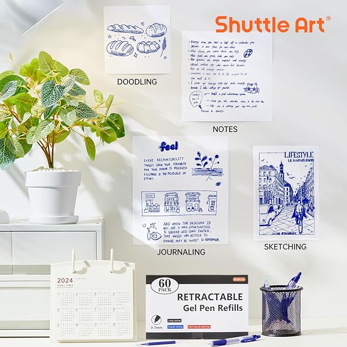 Retractable Gel Pen Refills, Shuttle Art 60 Pack Blue Rollerball Gel Ink Pens Refills, Bulk Set, 0.7mm Fine Point for Writing Journaling Taking Notes School Office Home