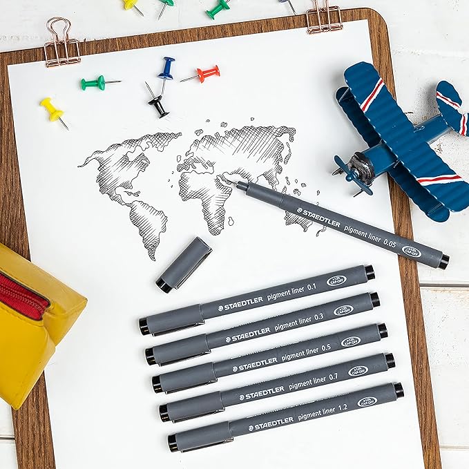 STAEDTLER Pigment Liner Pack, Black, 6 Pens, Assorted Line Widths, 0.05mm, 0.1mm, 0.2mm, 0.3mm, 0.5mm, 0.8mm