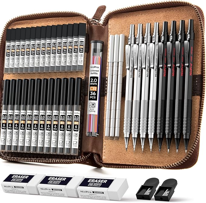 Nicpro 45PCS Black & Silver Metal Mechanical Pencil Set in Leather Case, Art Drafting Pencil 0.5, 0.7, 0.9 mm, 2mm Lead Holders for Sketching Drawing With 27 Tube (6B 4B 2B HB 2H 4H Colors)Lead Refill