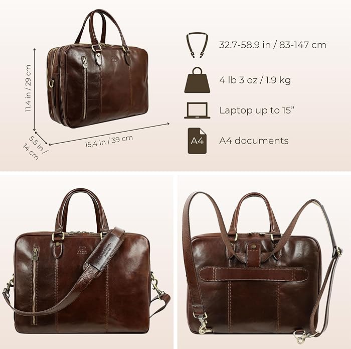 Time Resistance Leather Laptop Briefcase - Full Grain Leather Computer Bag for Men and Women