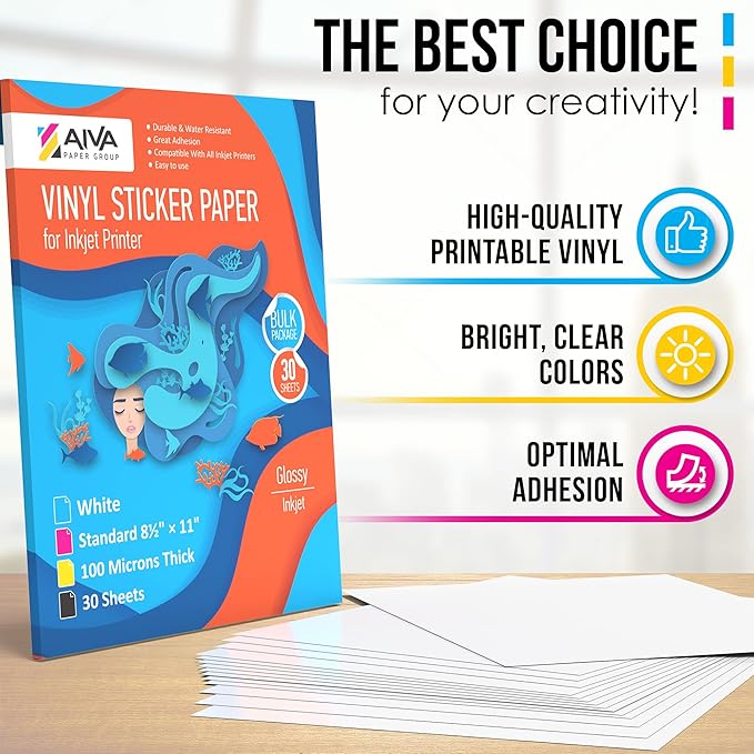 Printable Vinyl Sticker Paper - Waterproof Decal Paper for Inkjet Printer - 30 Self-Adhesive Sheets - Glossy White - Standard Letter Size 8.5"x11"