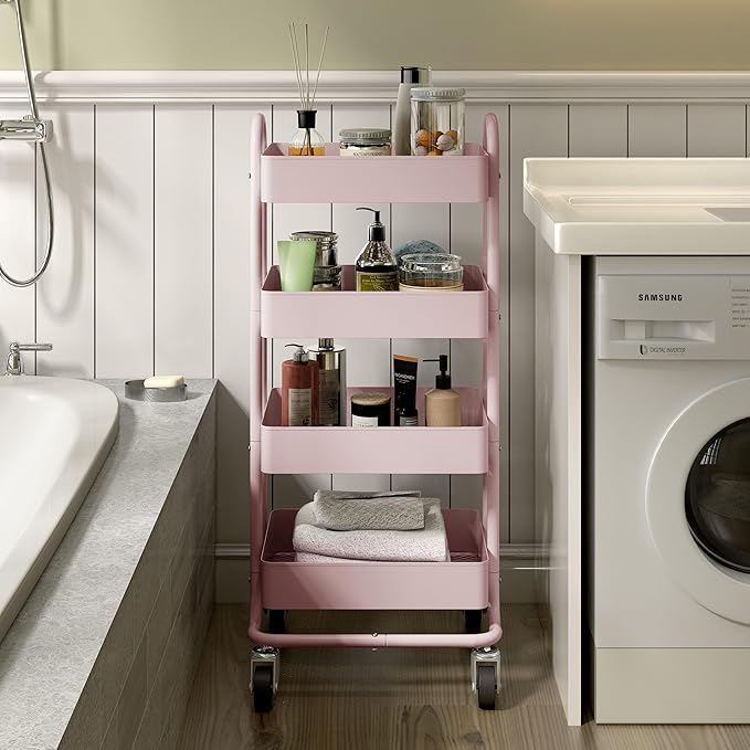 4-Tier Pink Rolling Cart,Metal Utility Rolling Cart with Handle,Multifunction Rolling Carts with Wheels,Kitchen Storage Carts Suitable for Office,Home,Kitchen,Garden（13.4"x18.1"x40"） Pink