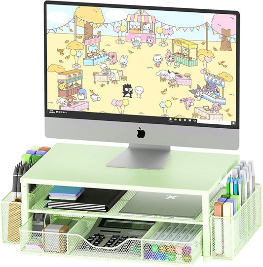 Desk Organizers and Accessories, 2-Tier Computer Monitor Stand for Desk Organizer with Drawer and 2 Pen Holders, Office Desk Accessories Workspace Desktop Organizers for Office Supplies, Green