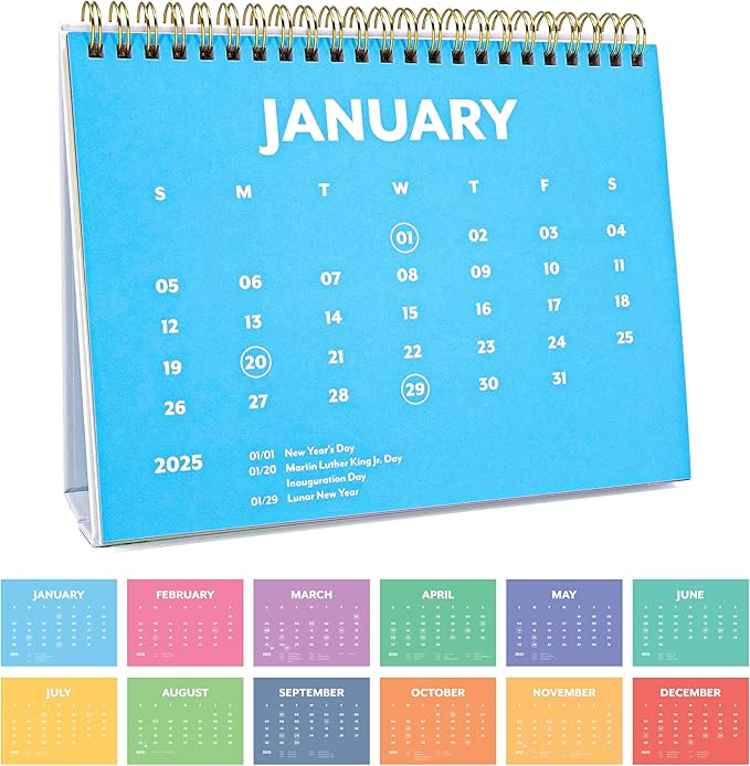PAPERAGE 2025 Small Desk Calendar, (Rainbow), 8" x 6", 12 Month (January – December), Small Standing Desk & Flip Calendar, Colorful Monthly Calendar for Home, School or Office, Made with Premium Paper