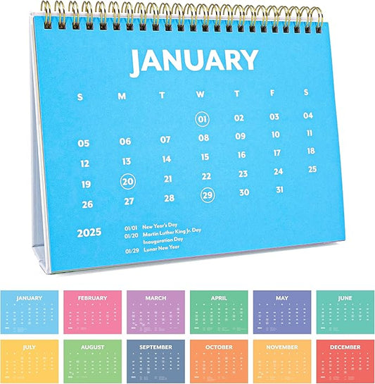 PAPERAGE 2025 Small Desk Calendar, (Rainbow), 8" x 6", 12 Month (January – December), Small Standing Desk & Flip Calendar, Colorful Monthly Calendar for Home, School or Office, Made with Premium Paper