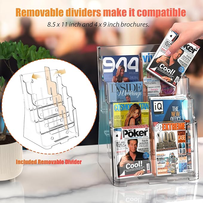 2 Pack Acrylic Brochure Holder 8.5x11 & 4 x9 Inches, Clear 4 Tier Magazine Holder Brochure Display Stand w Removable Divider, Literature Pamphlet Flyer Holder for Wall Mount or Countertop