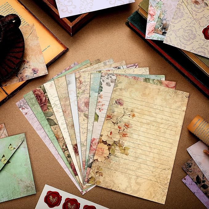 TaoBary 160 Packs Stationery Paper Set (50 Double Sided Stationery Writing Papers 50 Matching Envelopes) 60 Round Dot Sticker, 10 Design(Vintage Floral,5.5 x 8.25 Inch)