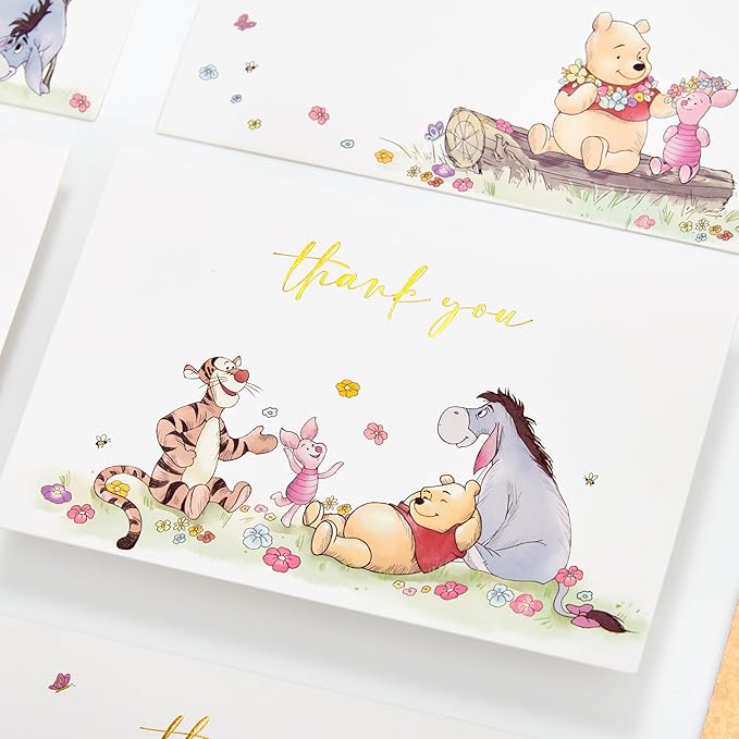 Crisky Gold Foil Winnie the Pooh Thank You Cards with Envelopes and Stickers, 50 Pack Animal Thank You Cards for Baby Showers, Birthdays, Friendsgiving