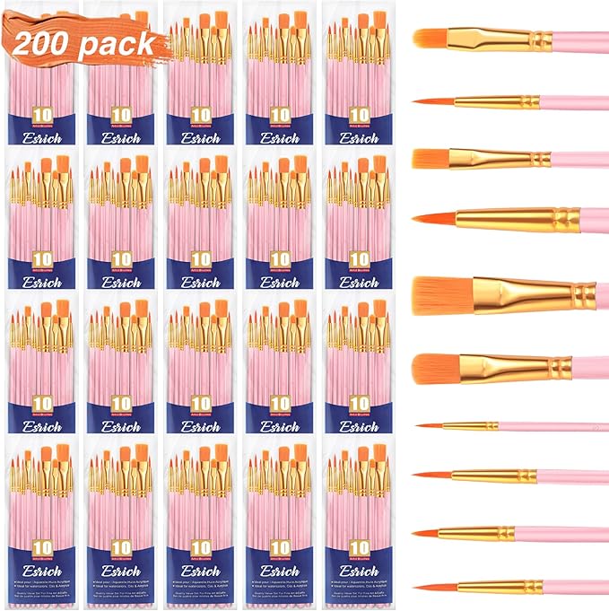 ESRICH Acrylic Paint Brushes Set, 20 Packs / 200 Pcs Nylon Hair Paint Brushes,Paint Brush Set Suitable for Oil,Watercolor,Rock Body Face Art, Kids Adult Perfect Art Painting Craft Paint Brush Kits.