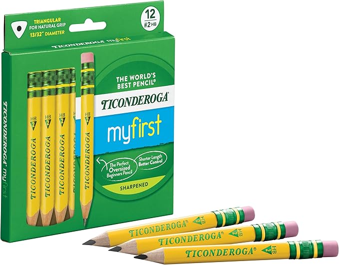 Ticonderoga My First Short Triangular Wood-Cased Pencils, 2 HB Soft, 12 Count Erasers, Pencil Shaped, 3-Pack Bundle