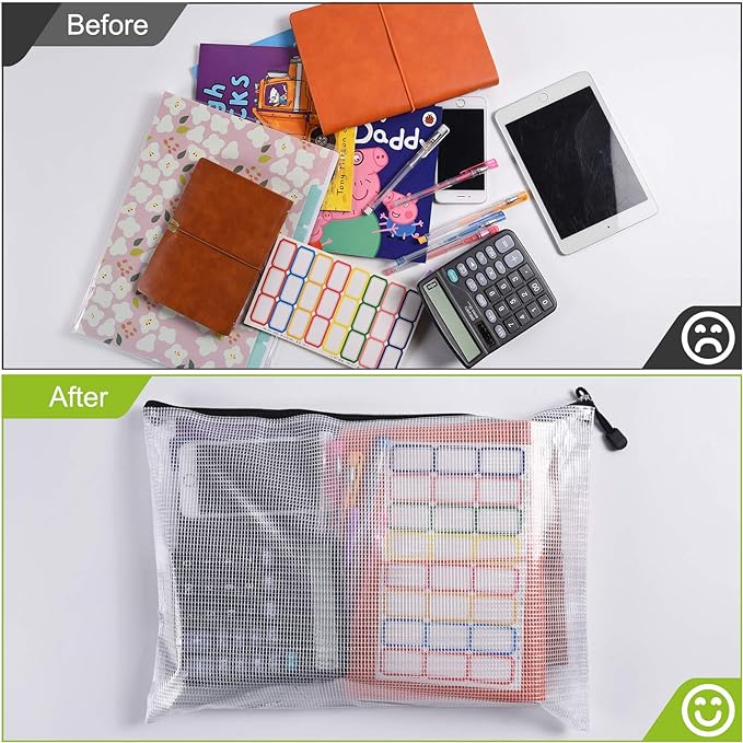 Mesh Zipper Pouch, 6PCS Waterproof Plastic Mesh ZipperBag, A4 Size Tear-Resistant Document Pouch, Extra Large Zip File Bags, for School Office Supplies Home Travel Storage(13.5×9.5 Inch)