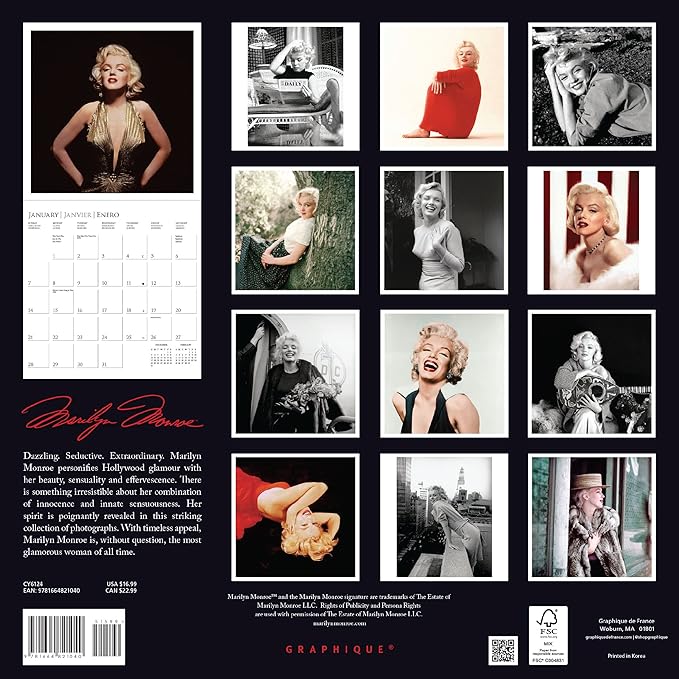 Graphique 2024 Marilyn Monroe Wall Calendar | 12” x 12” | Thick Paper | Home & Office Organizer | Large Monthly Grid | 3 Languages & Marked Holidays | 4 Month Preview Page for 2025