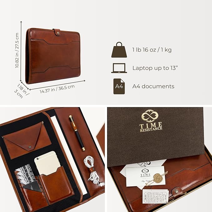 Time Resistance Leather Portfolio - A4 Business Folder - Document Organizer Folio - Case for 13" Laptop - Gift Box Included