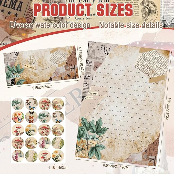 TaoBary 160 Packs Stationery Paper Set (50 Double Sided Stationery Writing Papers 50 Matching Envelopes) 60 Round Dot Sticker, 10 Design(8.5 x 11 Inch,Nature Vintage Style)