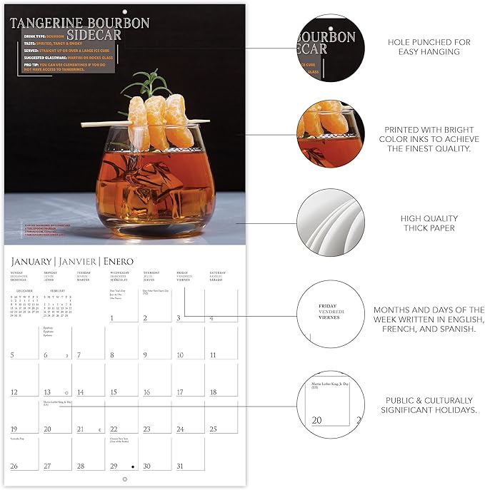 Graphique 2025 Craft Cocktail Wall Calendar | 12” x 12” | Thick Paper | Home & Office Organizer | Large Monthly Grid | 3 Languages & Marked Holidays | 4 Month Preview Page for 2026