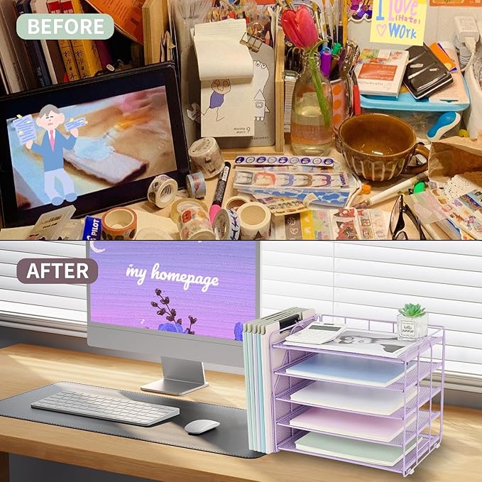 OPNCIE Desk Organizers and Accessories, 5 Tier Paper Letter Tray File Organizer, Office Organization Storage Desk Accessories Workspace Desktop Organizer for Classroom Office Supplies Decor(Purple)