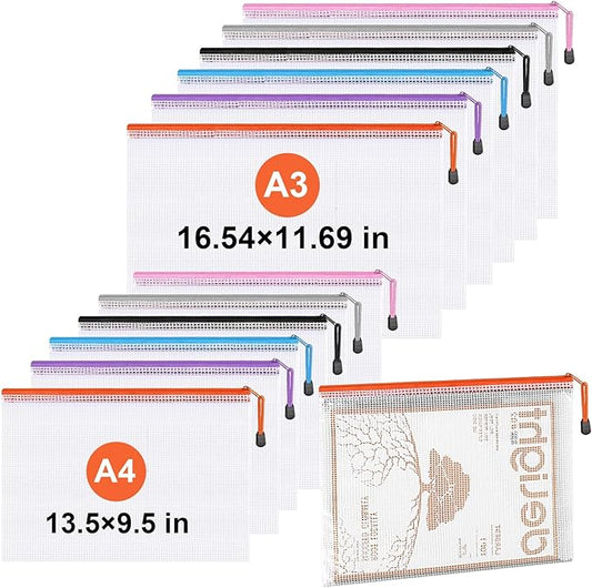 Mesh Zipper Pouch Bags,Zipper Bags for Organizing,12 Pcs(A3,A4 Size) Puzzle Bags for Travel Storage and Office School Supplies.