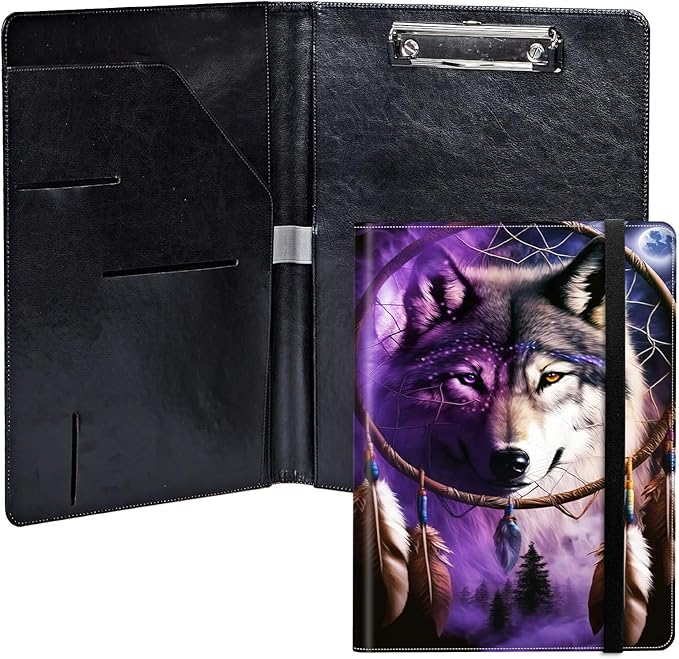 Dream Chasing Wolf PU Leather Padfolio Clipboard Notepad with Pen Loop and Elastic Strap Interview/Resume Document Organizer for Business School Office