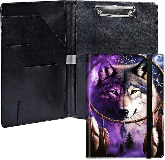 Dream Chasing Wolf PU Leather Padfolio Clipboard Notepad with Pen Loop and Elastic Strap Interview/Resume Document Organizer for Business School Office