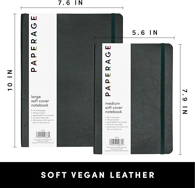 PAPERAGE Softcover Lined Journal Notebook (Dark Green), 176 Pages, Large B5 College Ruled Notebook, 7.6 inches x 10 inches - 100 GSM Thick Premium Paper, Soft Vegan Leather Journal for Home, Work & School
