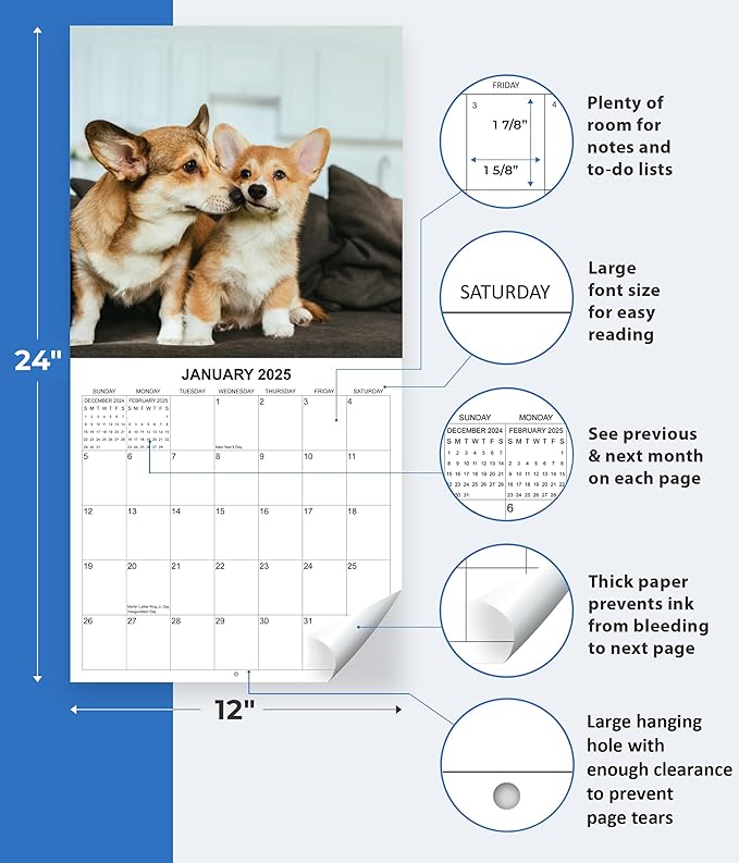 2025 Corgis Monthly Wall Calendar | 12" x 24" | Thick Sturdy Paper | Dog Calendar 2024-2025