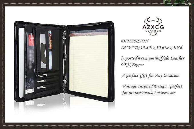 AZXCG Leather Portfolio for Men, 3 Ring Binder Professional Resume Portfolio Folder, Business Organizer Padfolio with YKK Zipper, Document Work Folio for 8.5x11 Writing Pad, Black