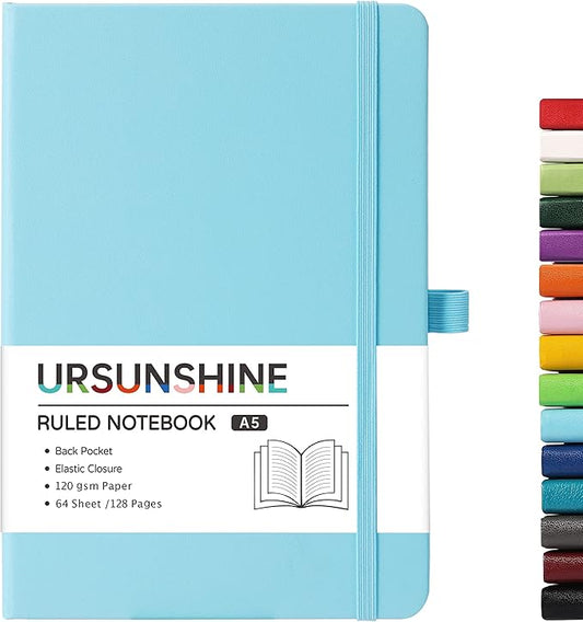 Ruled Notebook/Journal - Classic Lined Journal/Notebook, Hardcover with Thick Paper, 5.3" x 8.26", Banded + Pen Holder +Inner Pocket - Sky Blue