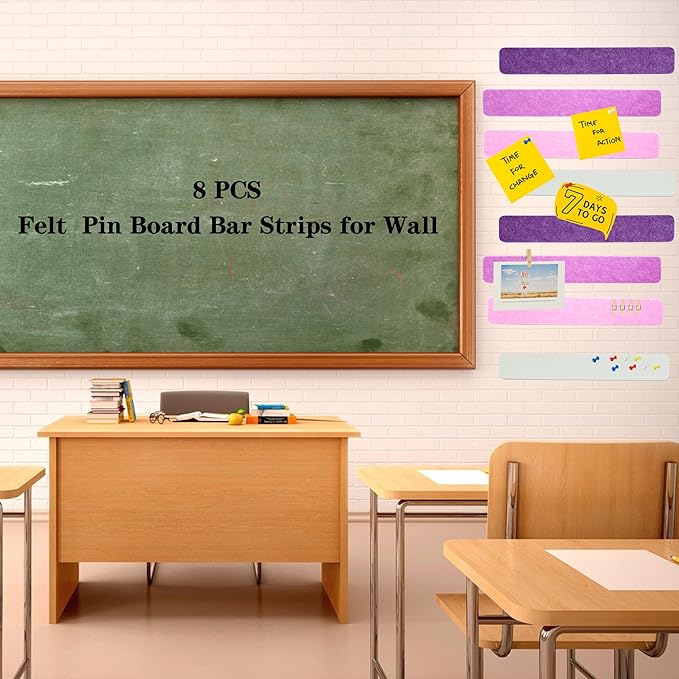 8Pcs Bulletin Board Strips, Purple Rose Felt Pin Board Bar Strips with 50 Pushpins, Self-Adhesive Felt Cork Board Strips for Wall to Display Your Notes, Photos, Schedules, Announcements