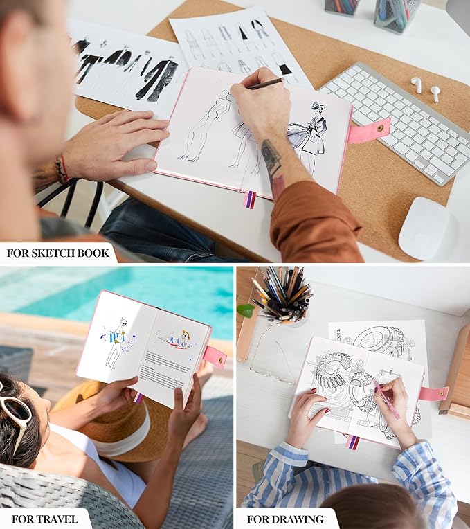 Blank Journal Notebook, A5 Hardcover Leather Sketchbook with 200 Pages Thick Blank Paper for Men Women, Unlined Drawing & Writing Journal, 5.9" x 8.4" Plain Notebook (pink)