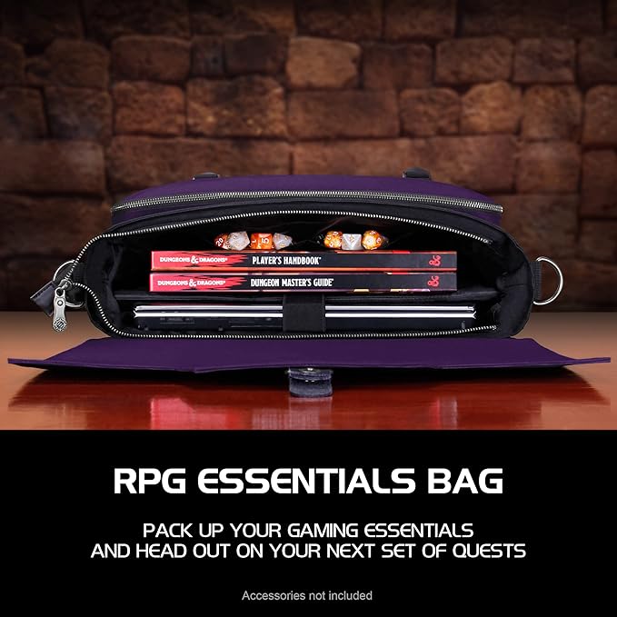 ENHANCE Collector's Edition RPG Player's Essentials DnD Bag - Dragon Hide Exterior Messenger Bag Fits 2-4 Books, Binders, Dice & Accessories, with 17 inch Laptop Slot, Battlemap Straps (Dragon Purple)
